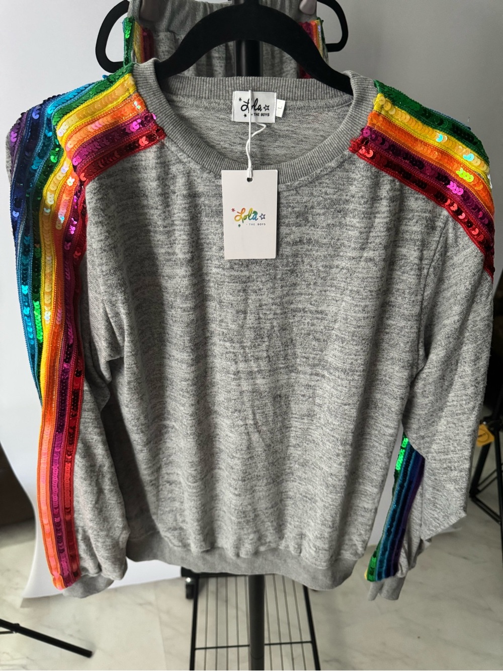 Lola + The Boys Gray Sweatshirt & Jogger Set with Rainbow Sequin Stripes - Picture 2 of 3